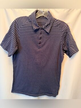 Nau Men’s Size Small Organic Cotton Polo Navy Blue‎ White Stripes Casual Knit